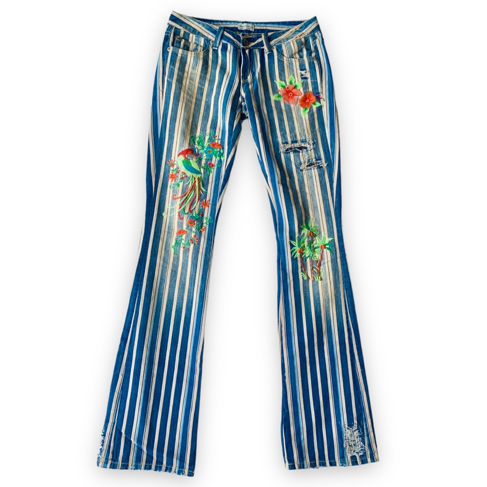 Blue Striped Embroidered Flare Jeans - Women